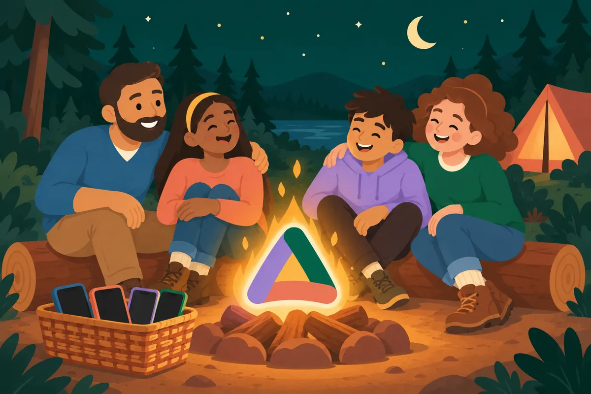 The family, phones tucked away in a basket, laughing together at night around the AONA campfire