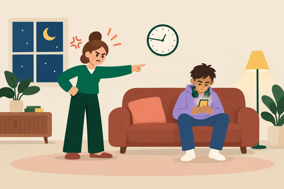 A fed-up mum tells her teenage son to put his phone down at 12:47 am; he stays on the sofa, glued to the screen